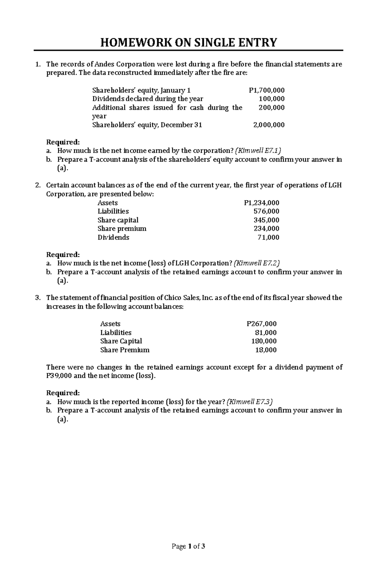 Homework #2 - Single Entry Accounting - Page 1 of 3 HOMEWORK ON SINGLE ...