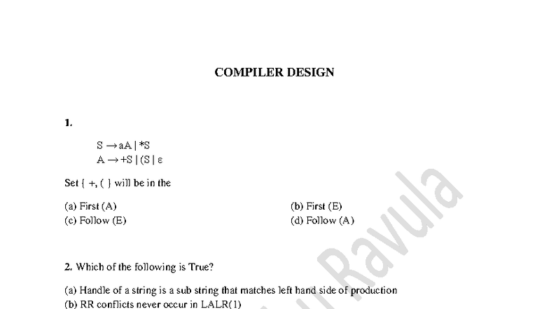 COMPILER DESIGN - Quiz Questions and Answers (CD-Q4) - Studocu