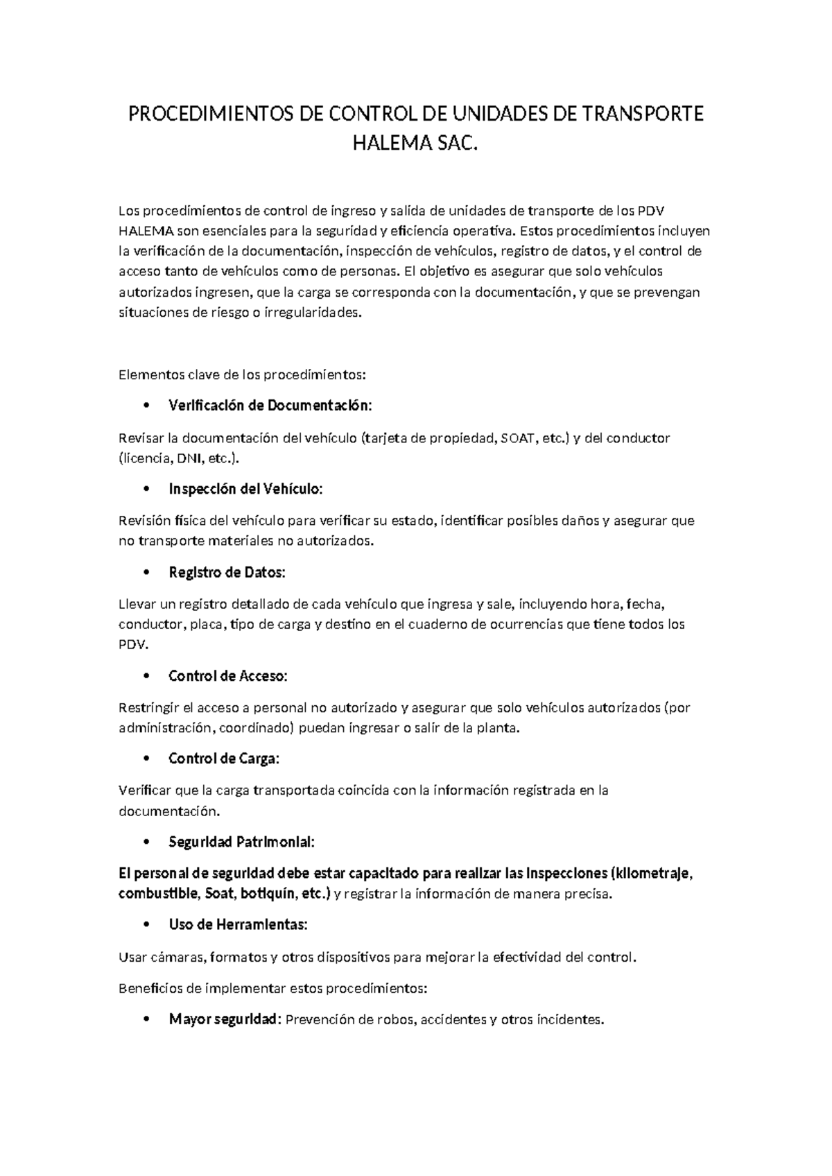 Procedimientos de Control de Transporte - HALEMA SAC - Studocu