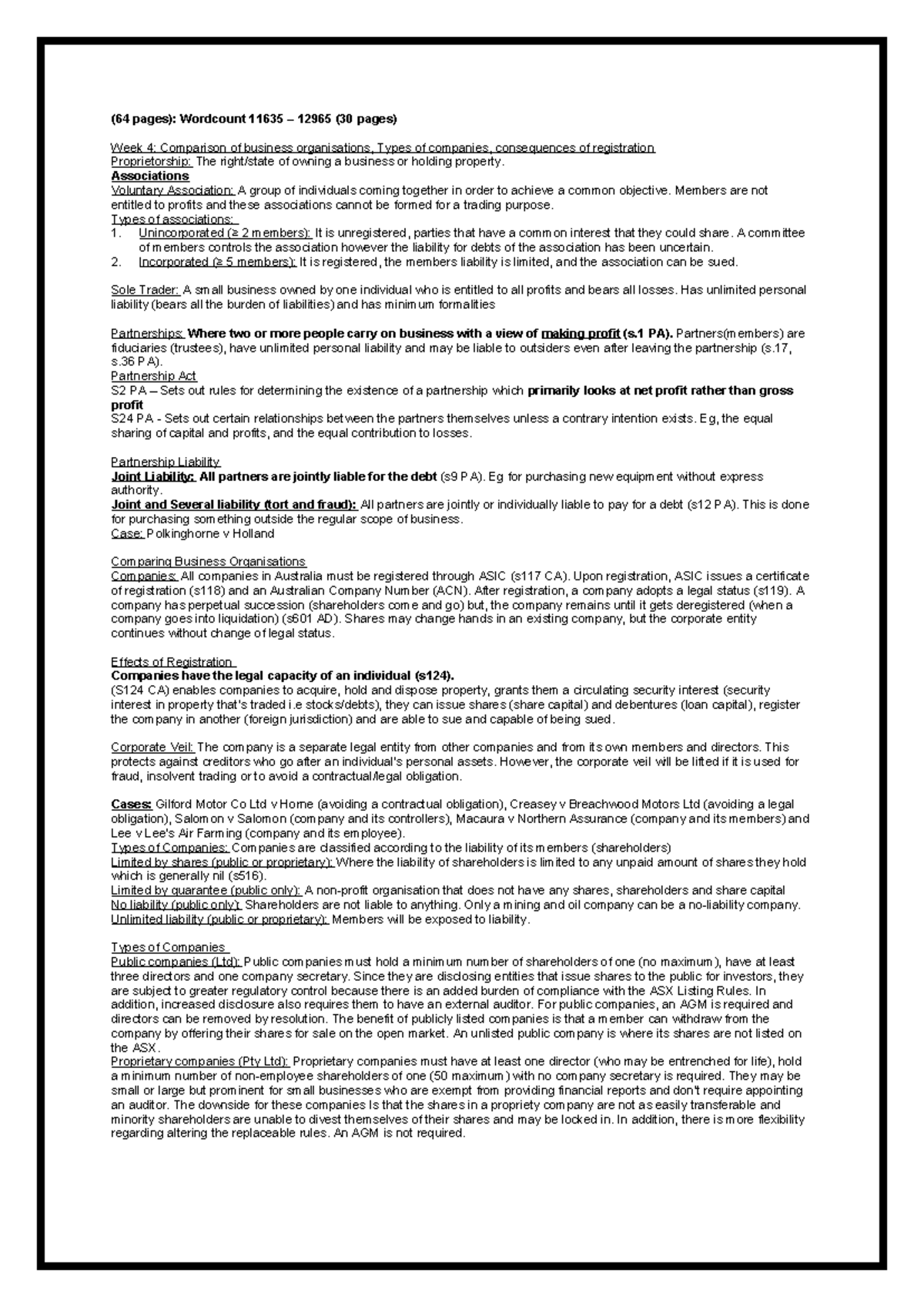 ACC1001: Final Exam Notes on Business Organisations and Directors ...