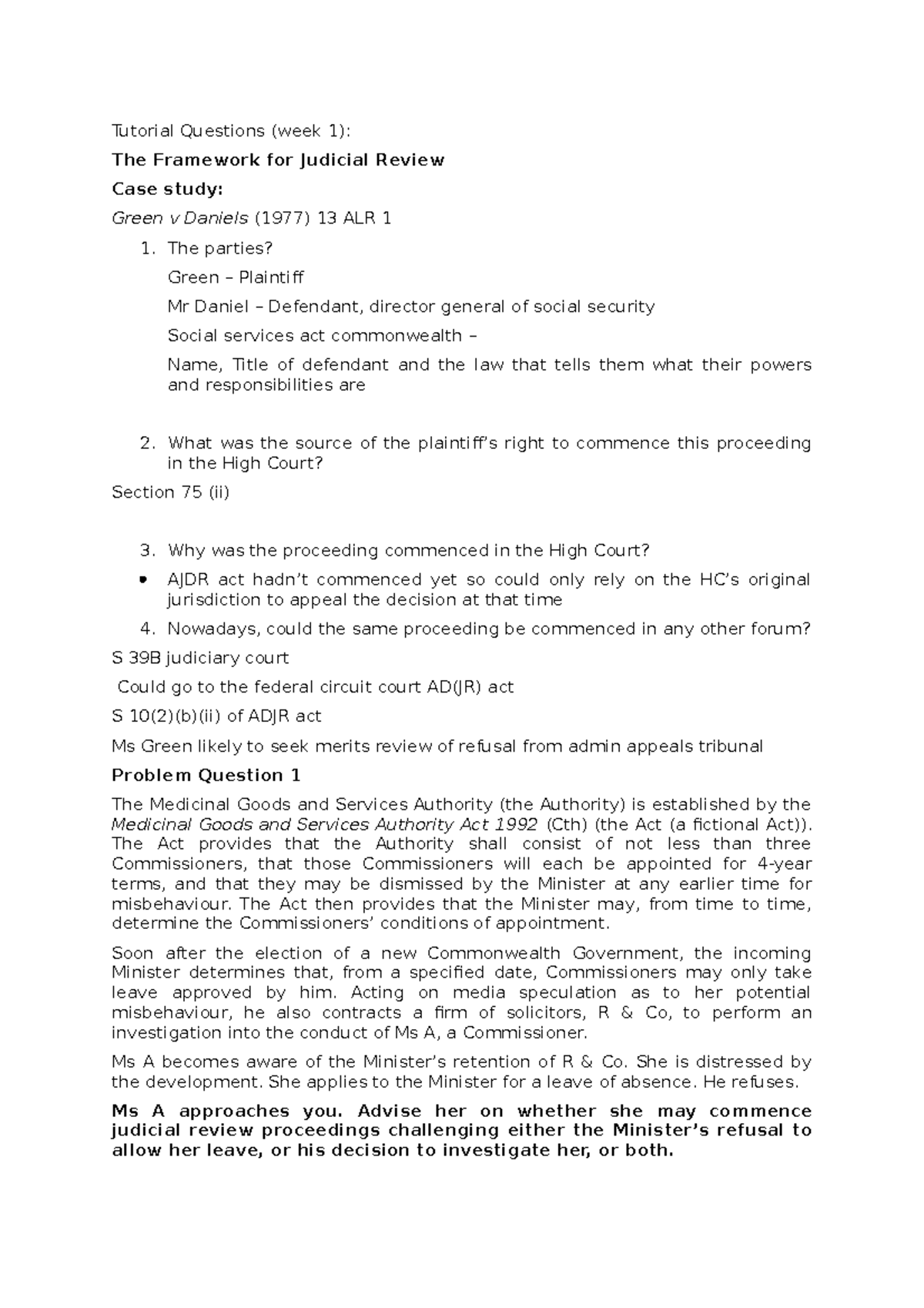 Tutorial Questions week 1 - The parties? Green – Plaintif Mr Daniel ...