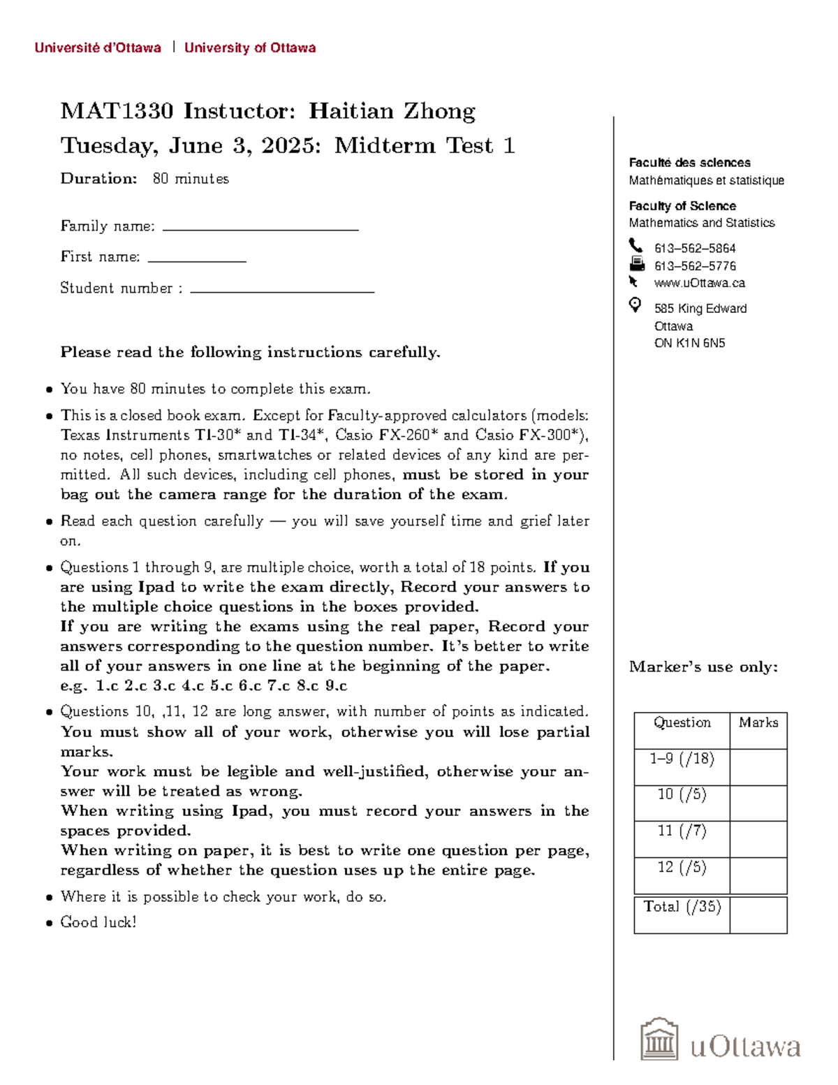 MAT1330 2025 Midterm Test 1: Exam Instructions and Questions - Studocu