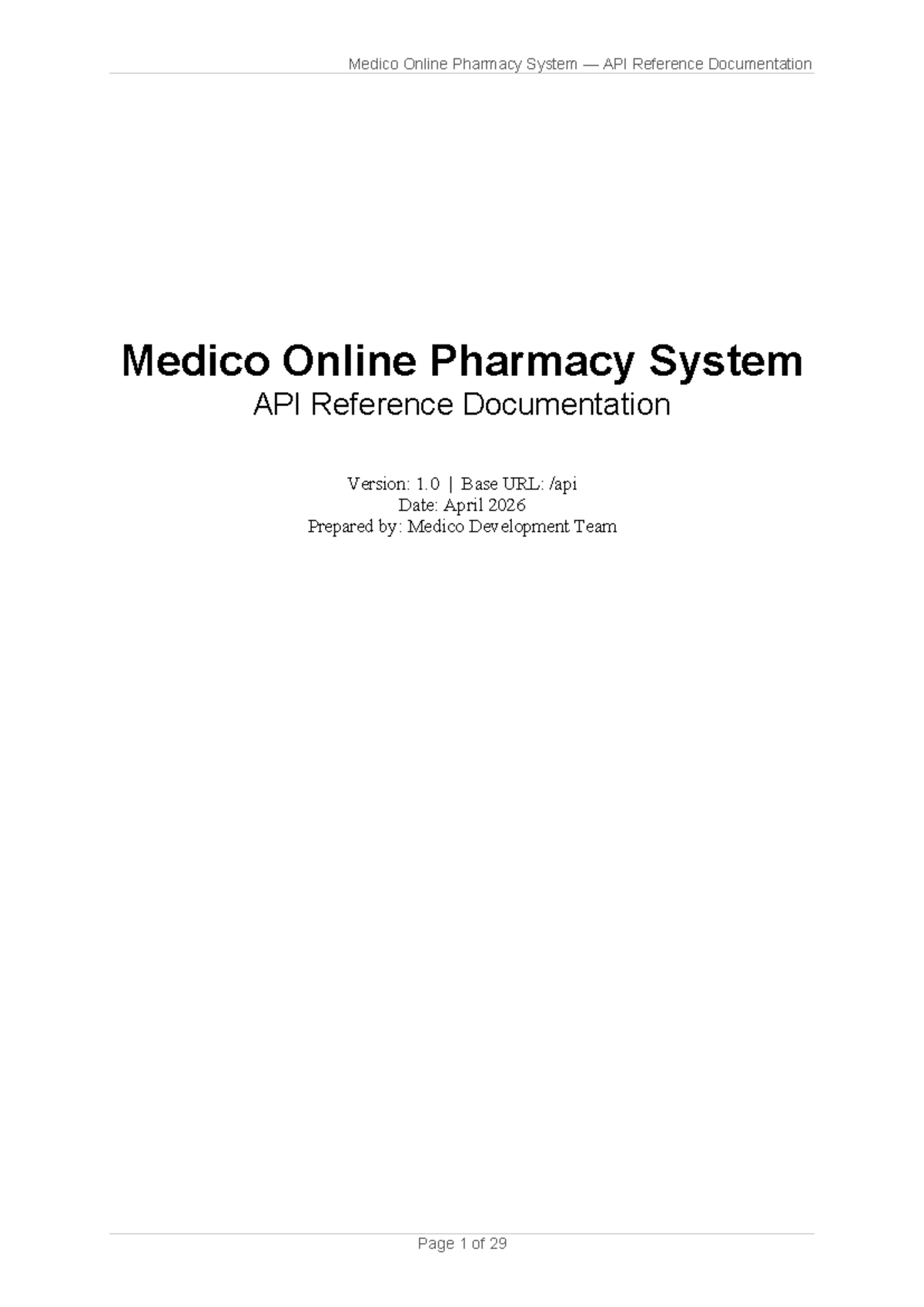 Medico Online Pharmacy System API Reference Documentation v1.0 - Studocu