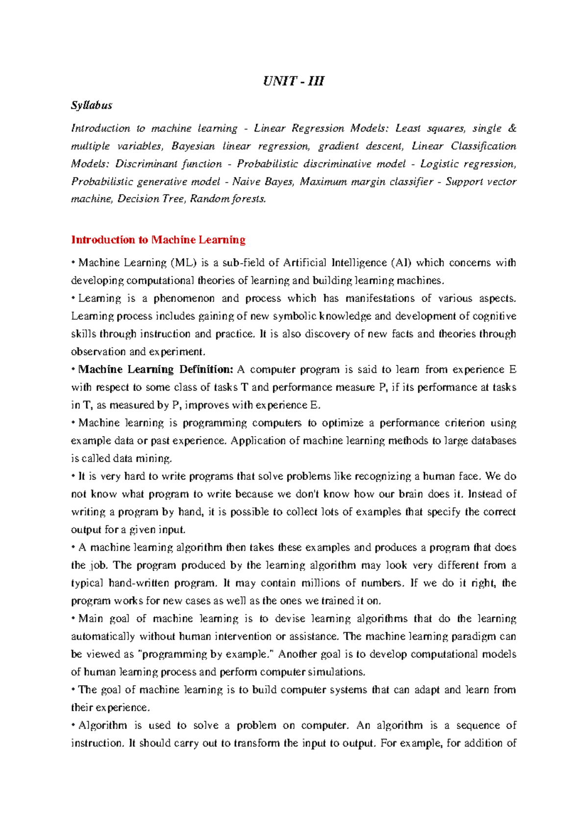 Aiml-unit-III notes - THIS WILL HELP MORE - UNIT - III Syllabus ...