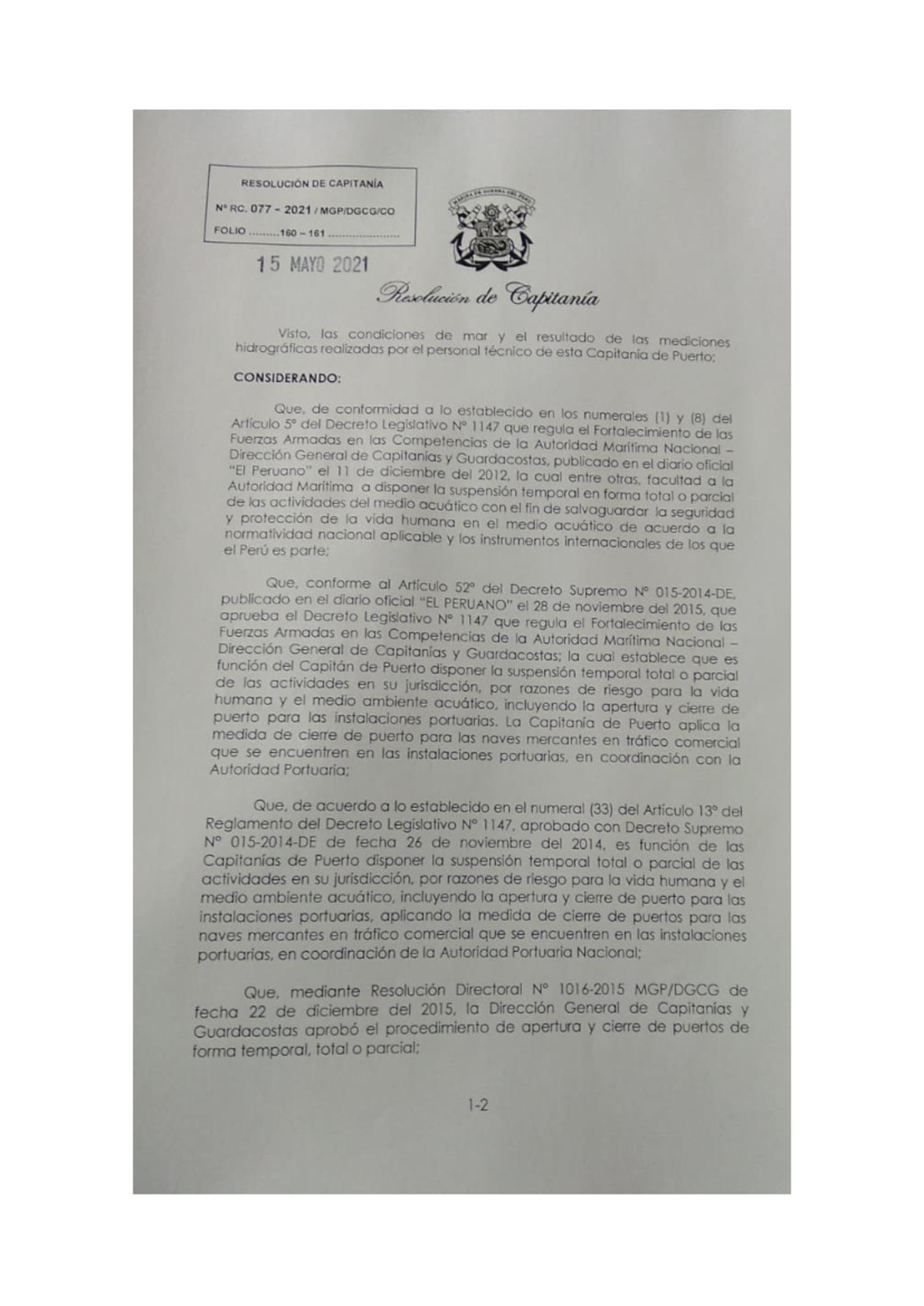 Resolución de Capitanía RC. 077-2021: Cierre Temporal de Puertos - Studocu