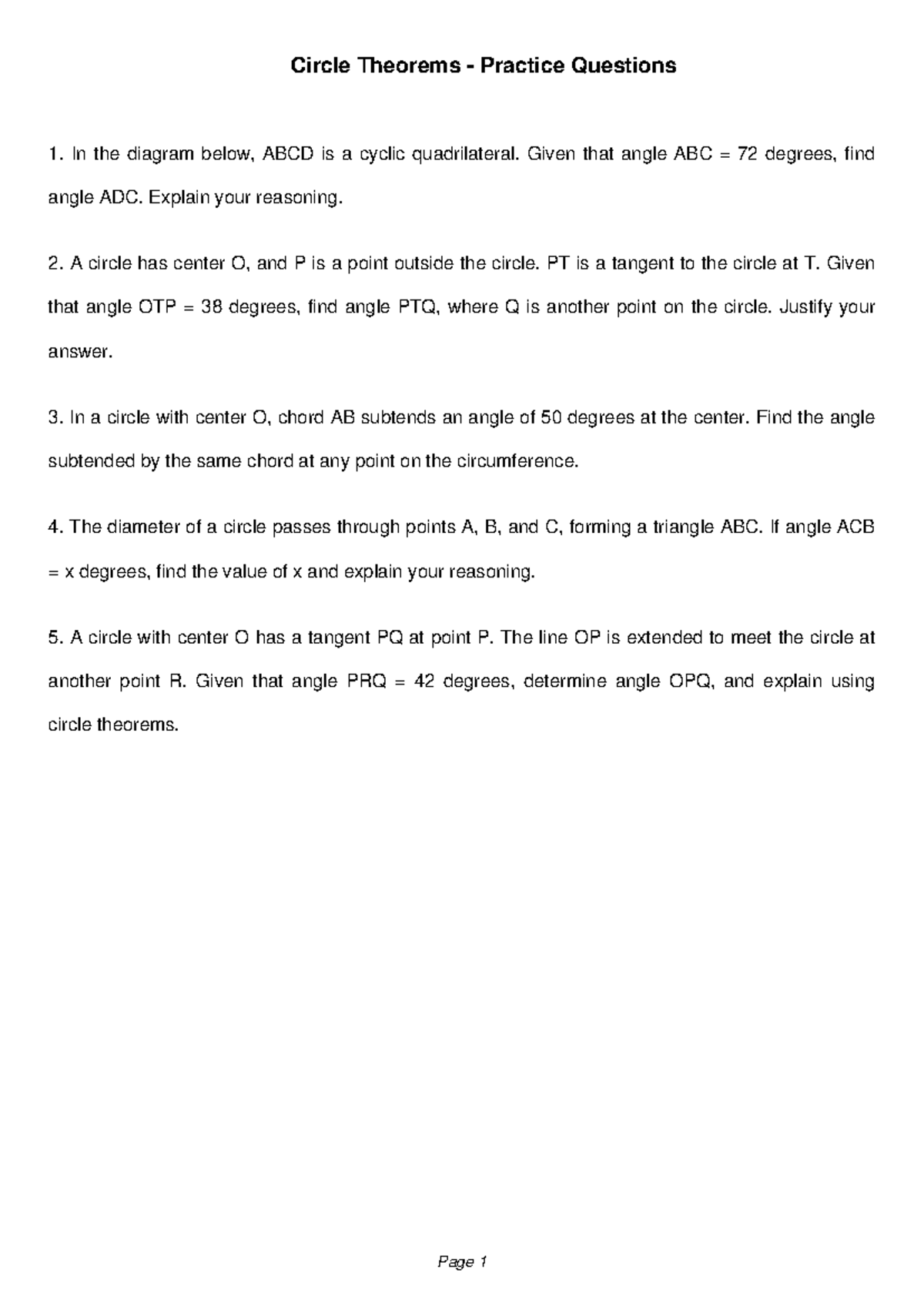 Circle Theorems Practice Questions And Solutions Studocu