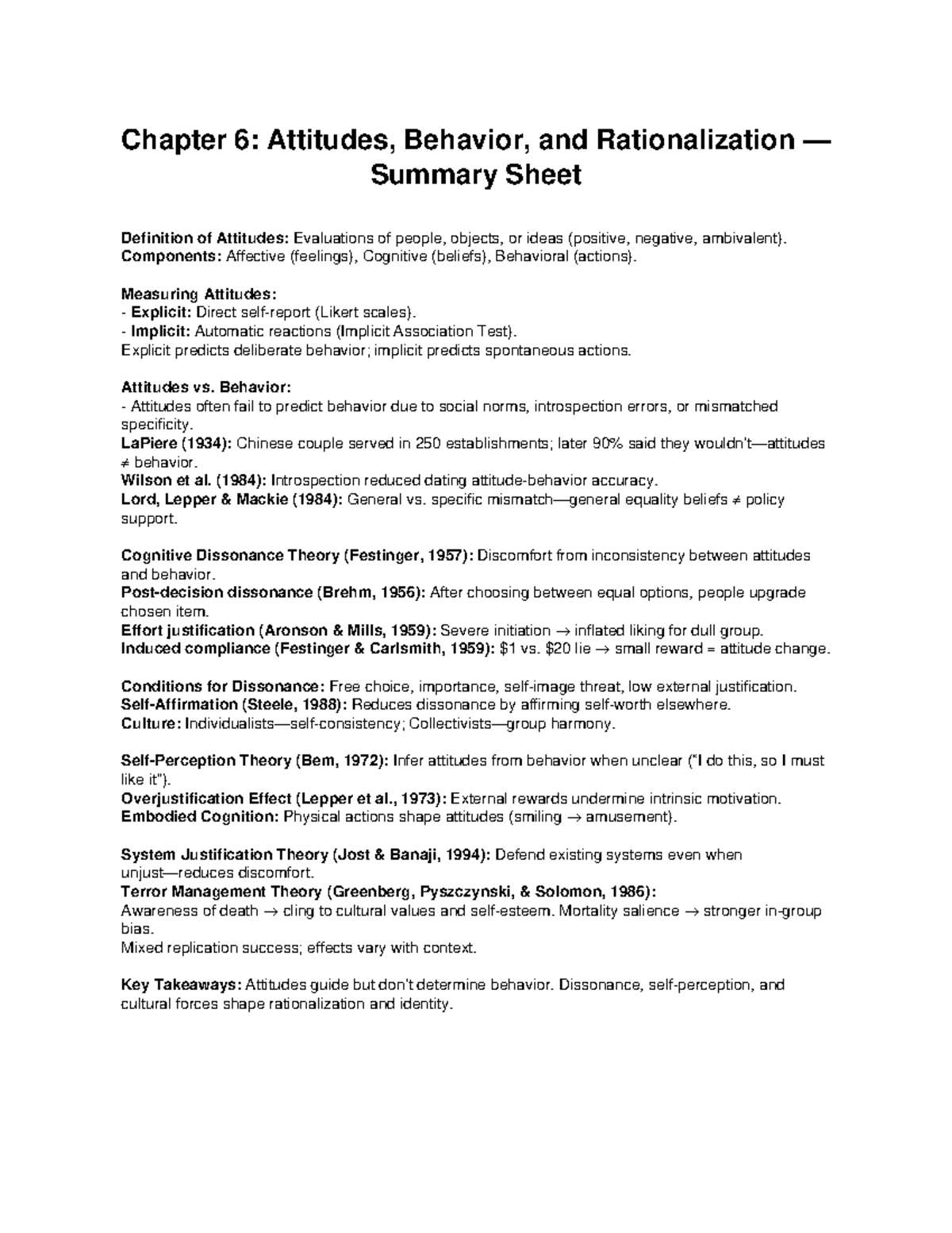 Chapter 6: Attitudes, Behavior, and Rationalization Summary Sheet - Studocu