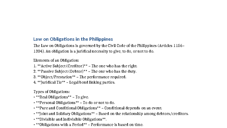 Law on Obligations (Civil Code) in the Philippines - Studocu