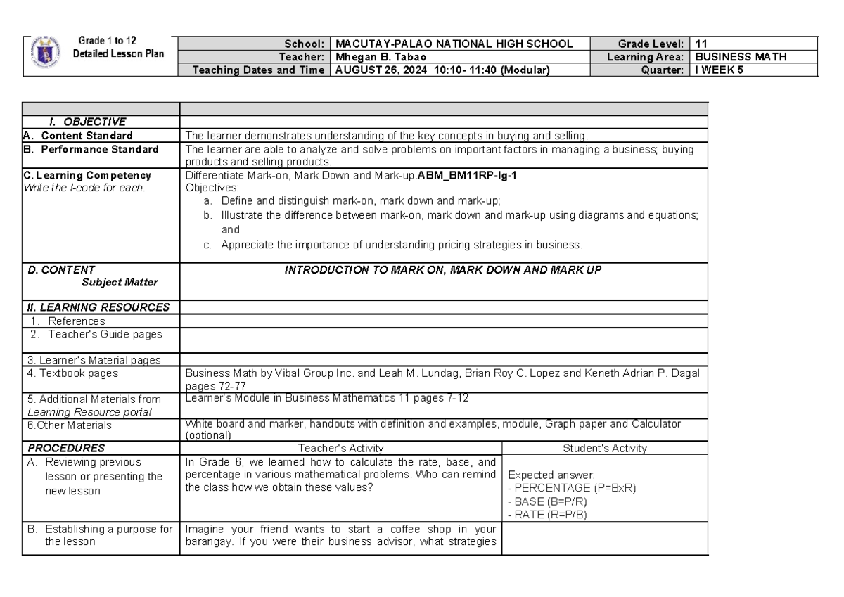 BM11 - Business Math Week 5: Understanding Mark-on, Mark-down, and Mark ...