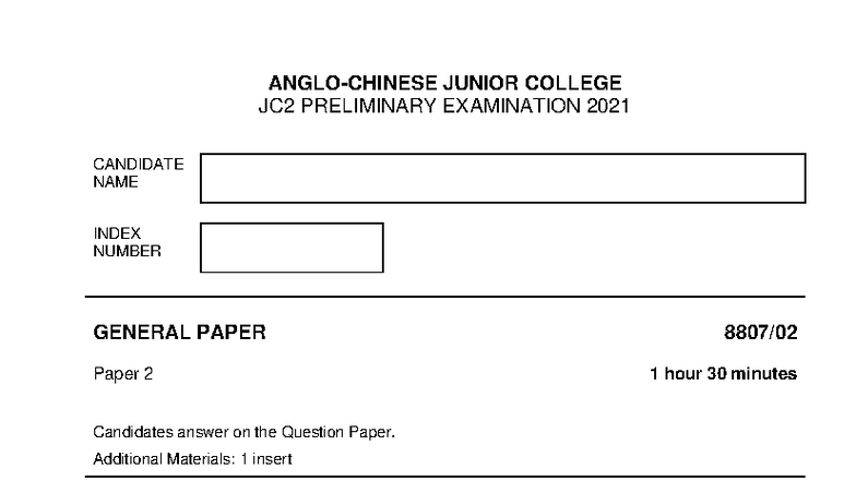 JC2 General Paper 2021 Preliminary Exam Paper 2 Question Booklet - Studocu