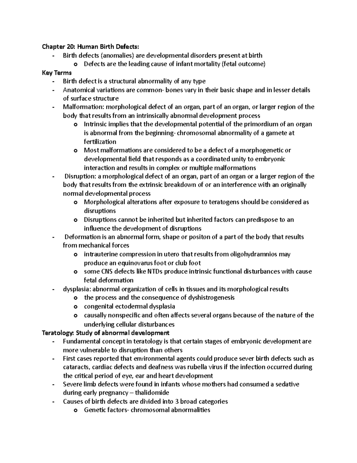 Chapter 20 - Lecture Notes on Human Birth Defects and Teratology - Studocu