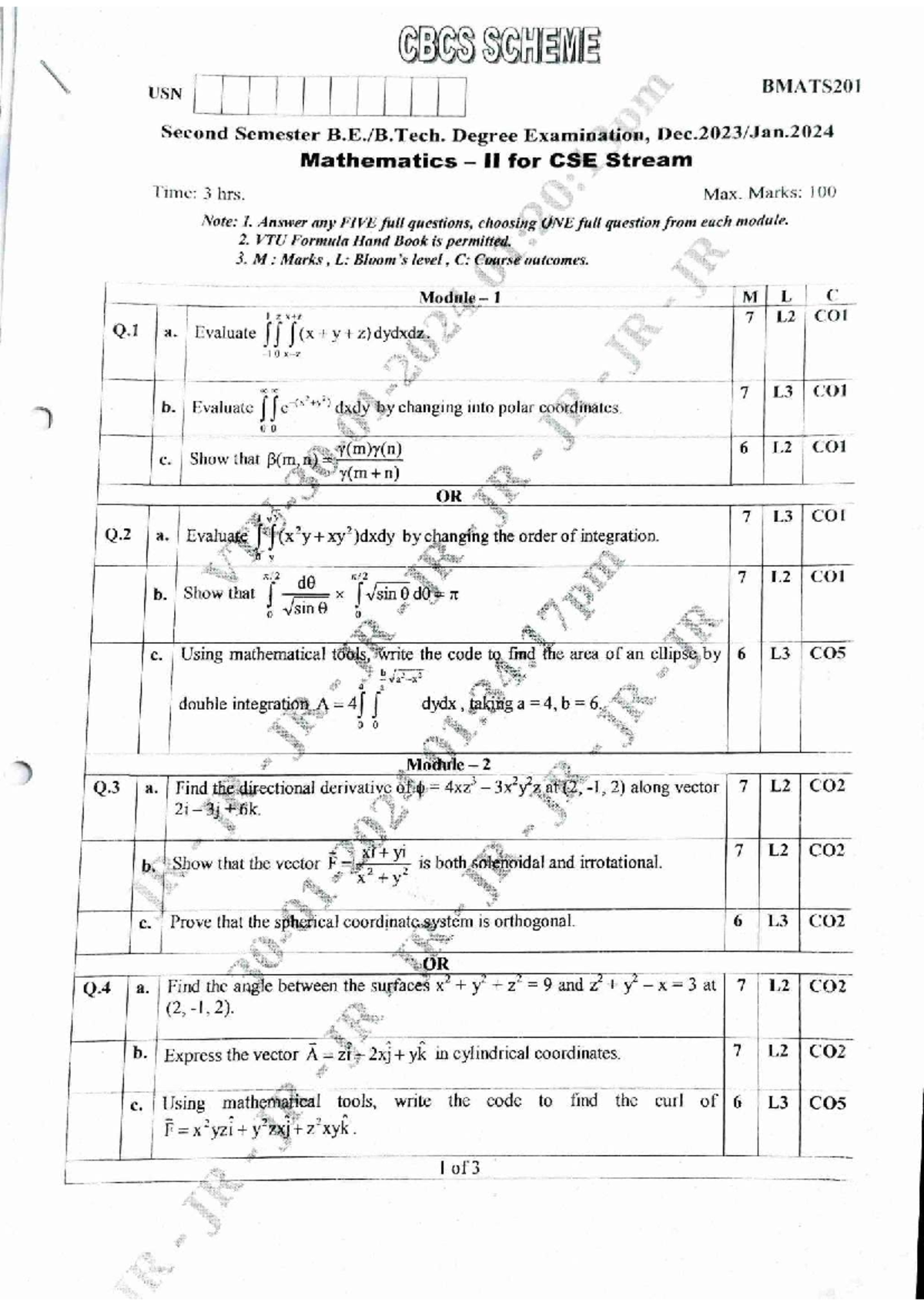 II Sem BMATS201 Mathematics II for CSE - Old Question Paper Summary ...
