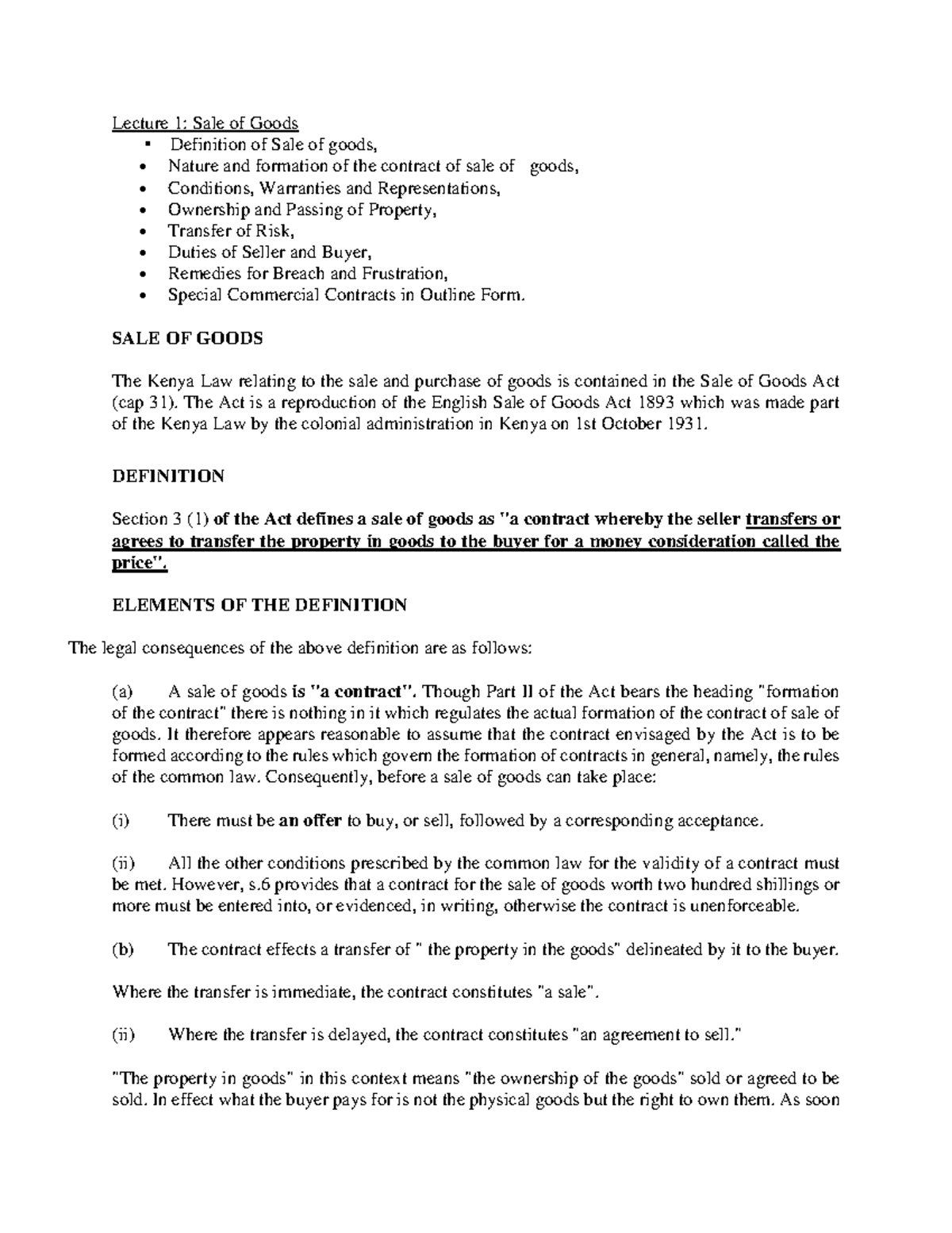 Commercial LAW 1: Lecture 1 - Sale of Goods Overview and Key Concepts ...