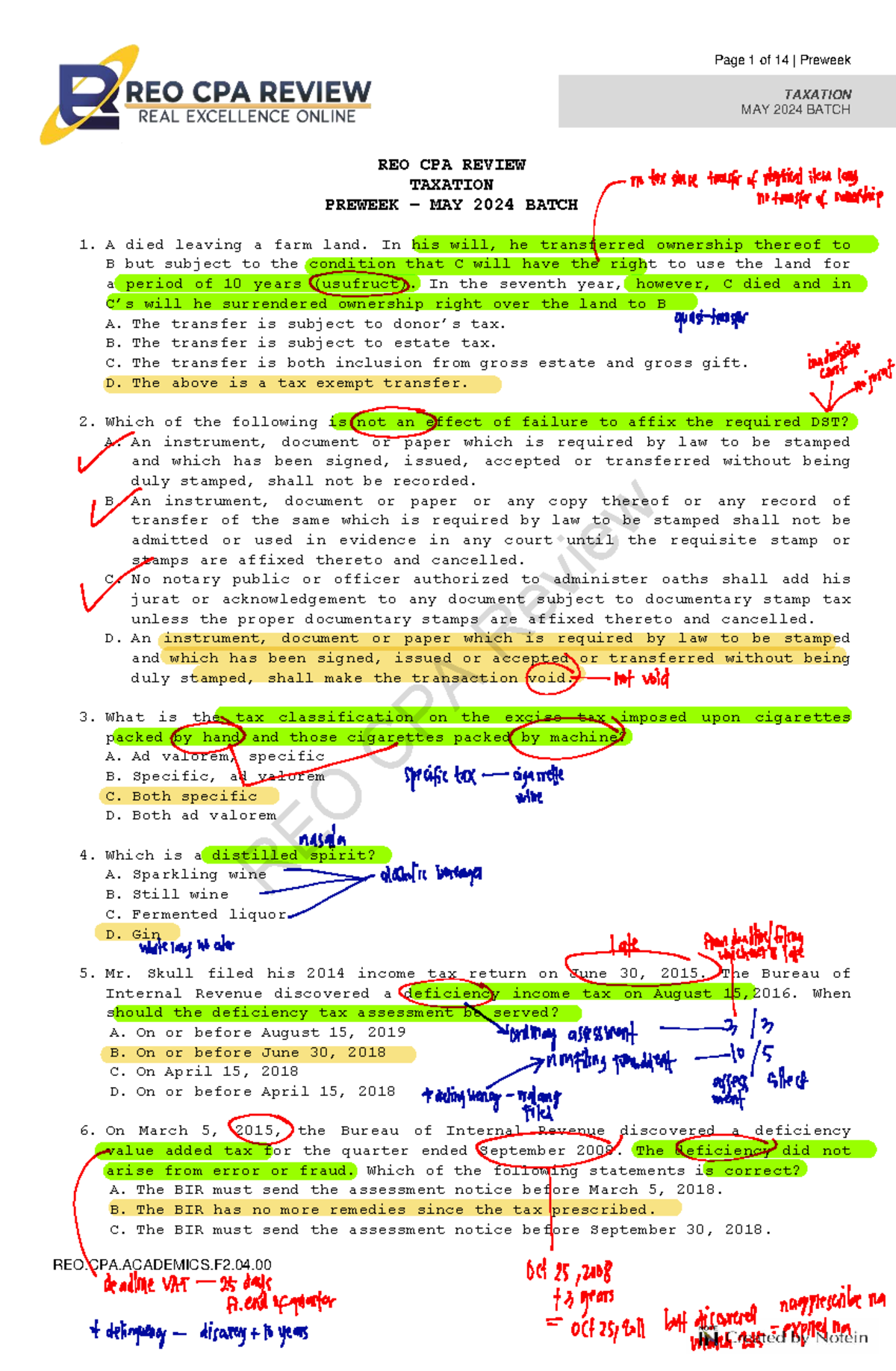REO CPA Review: Taxation Preweek Answer Key - May 2024 Batch - Studocu