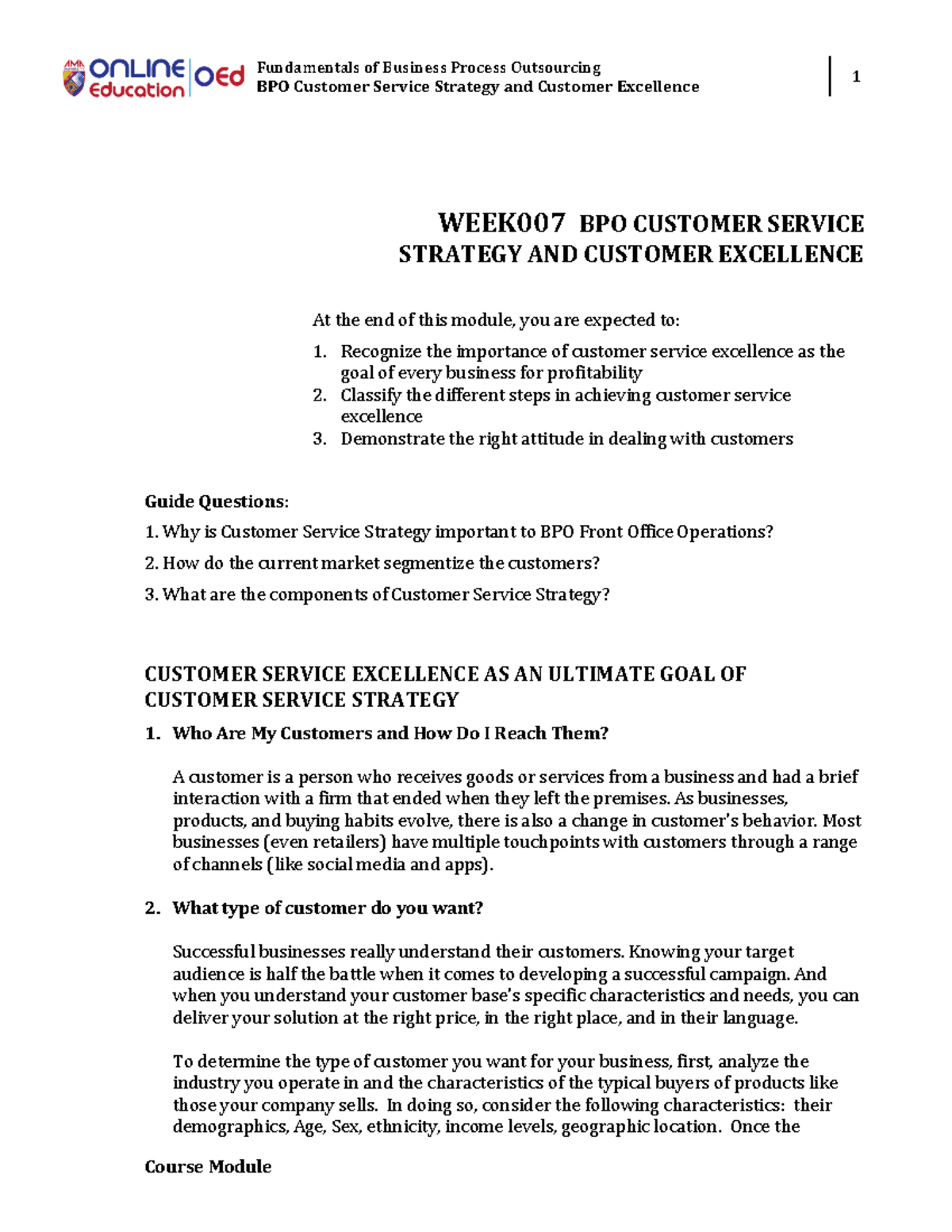 BPO 007 Lesson 6: Strategies for Customer Service Excellence - Studocu