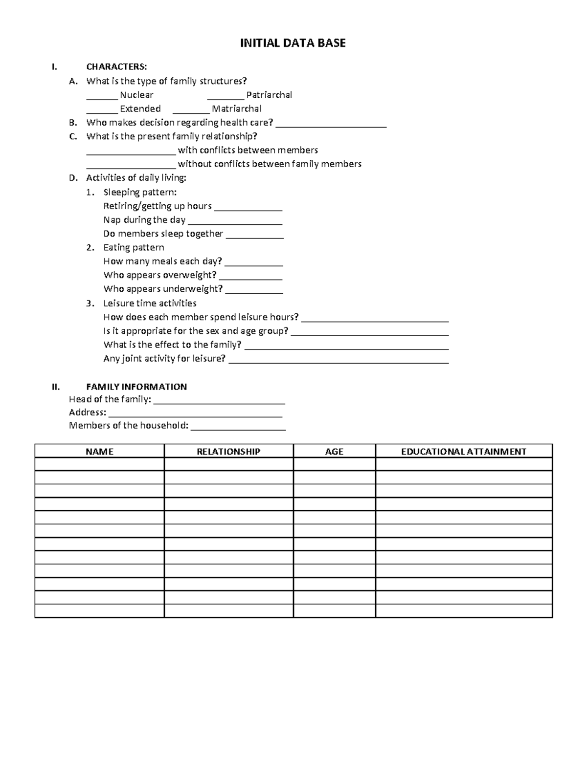 Initial DATA BASE 1 1 - INITIAL DATA BASE I. CHARACTERS: A. What is the ...