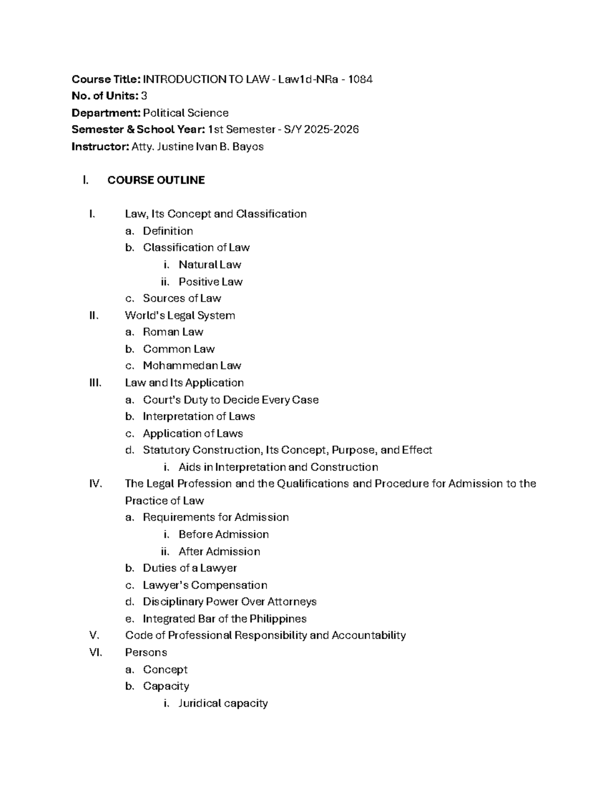 INTRODUCTION TO LAW 1084 Course Outline and Key Concepts - Studocu