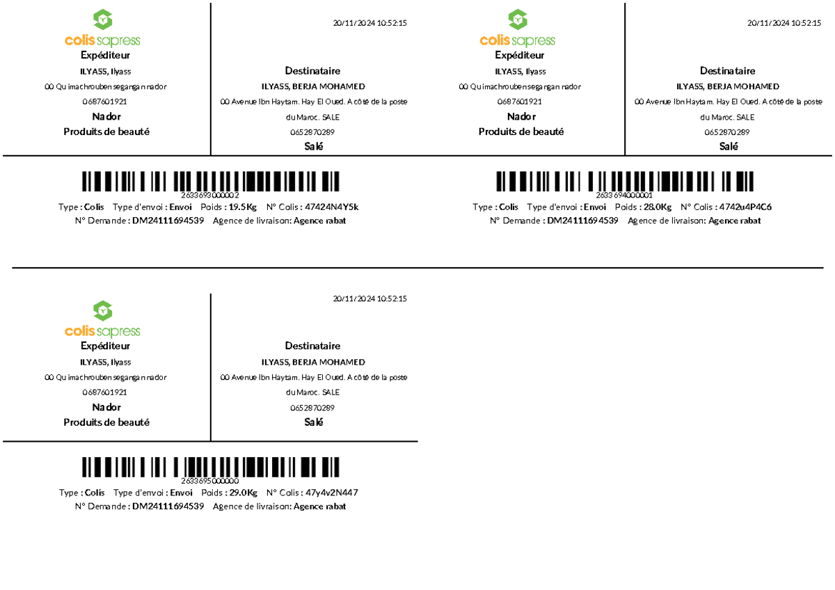 Barcode of the request DM24111694539 - Type : Colis Type d'envoi ...