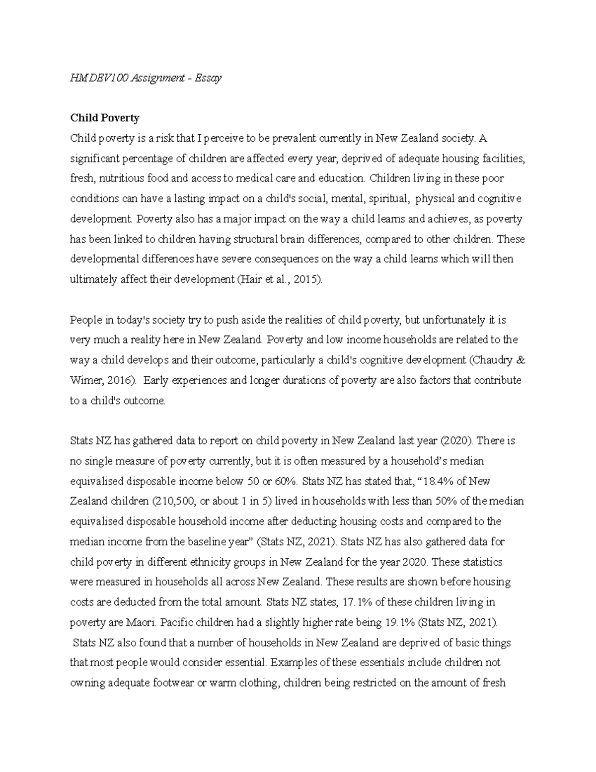 HMDEV100 - Essay on Child Poverty and Its Effects in NZ - Studocu