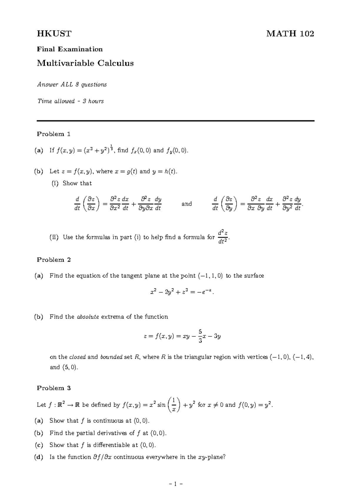 Final Exam Notes for HKUST MATH 102 - Multivariable Calculus - Studocu
