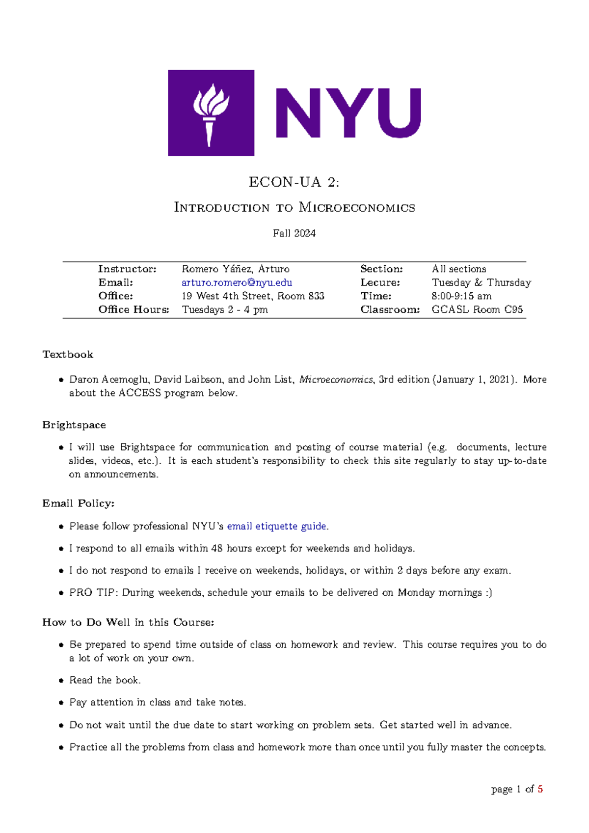 Fall 2024 UA2 Microeconomics Syllabus - Prof. Arturo Romero - Studocu