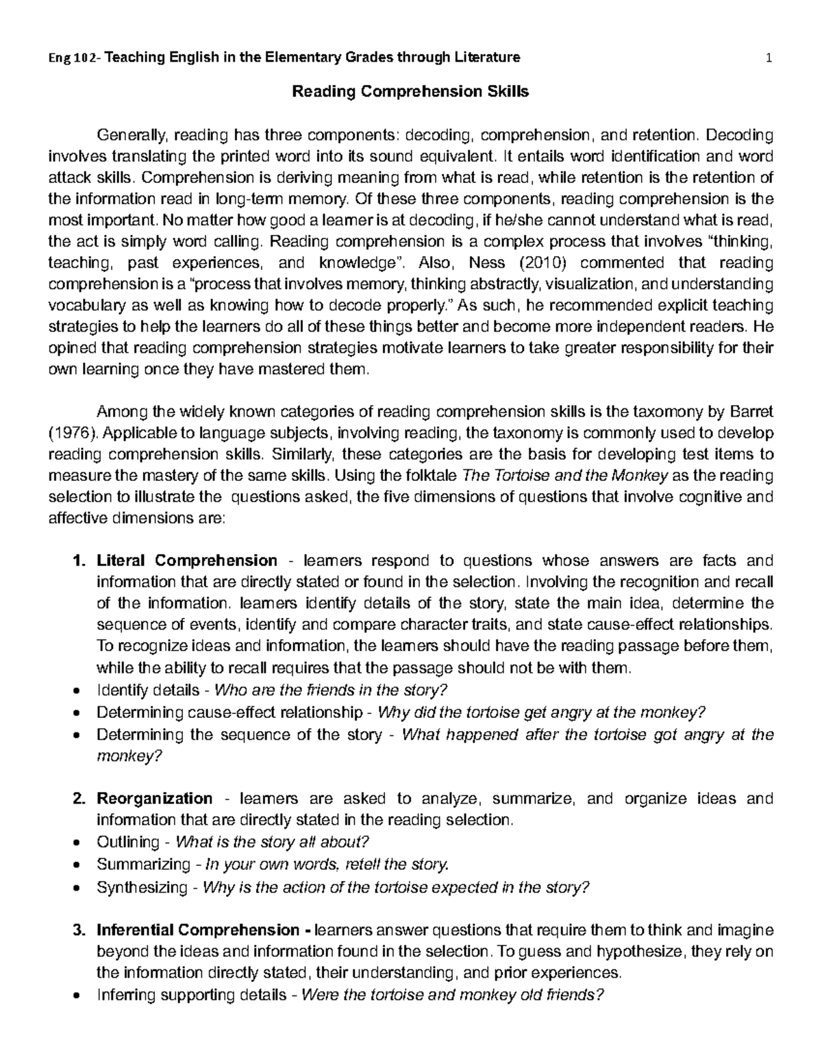 Eng. 102 - Reading Comprehension Skills in Elementary Literature - Studocu