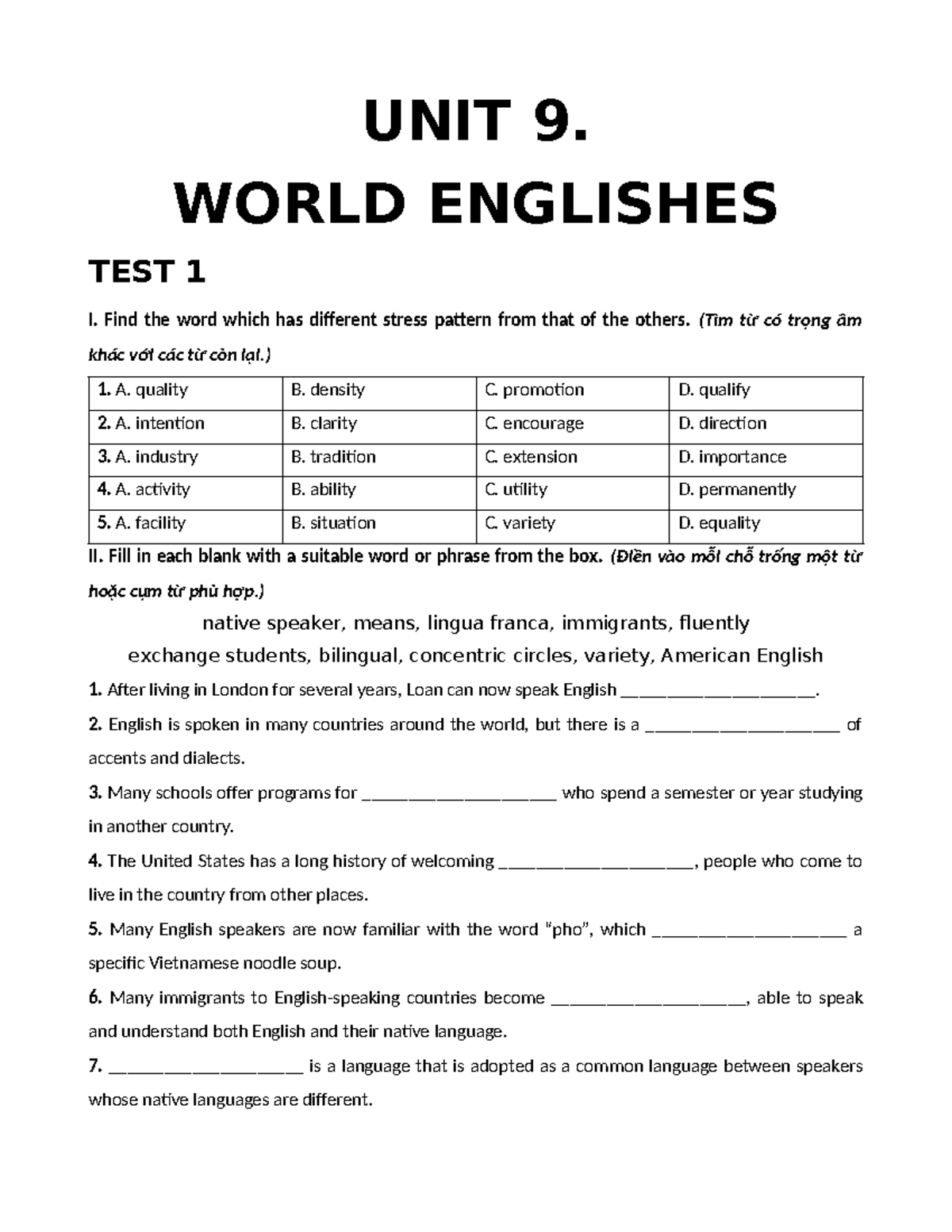 Đề Kiểm Tra UNIT 9: World Englishes - Test 1 - Studocu