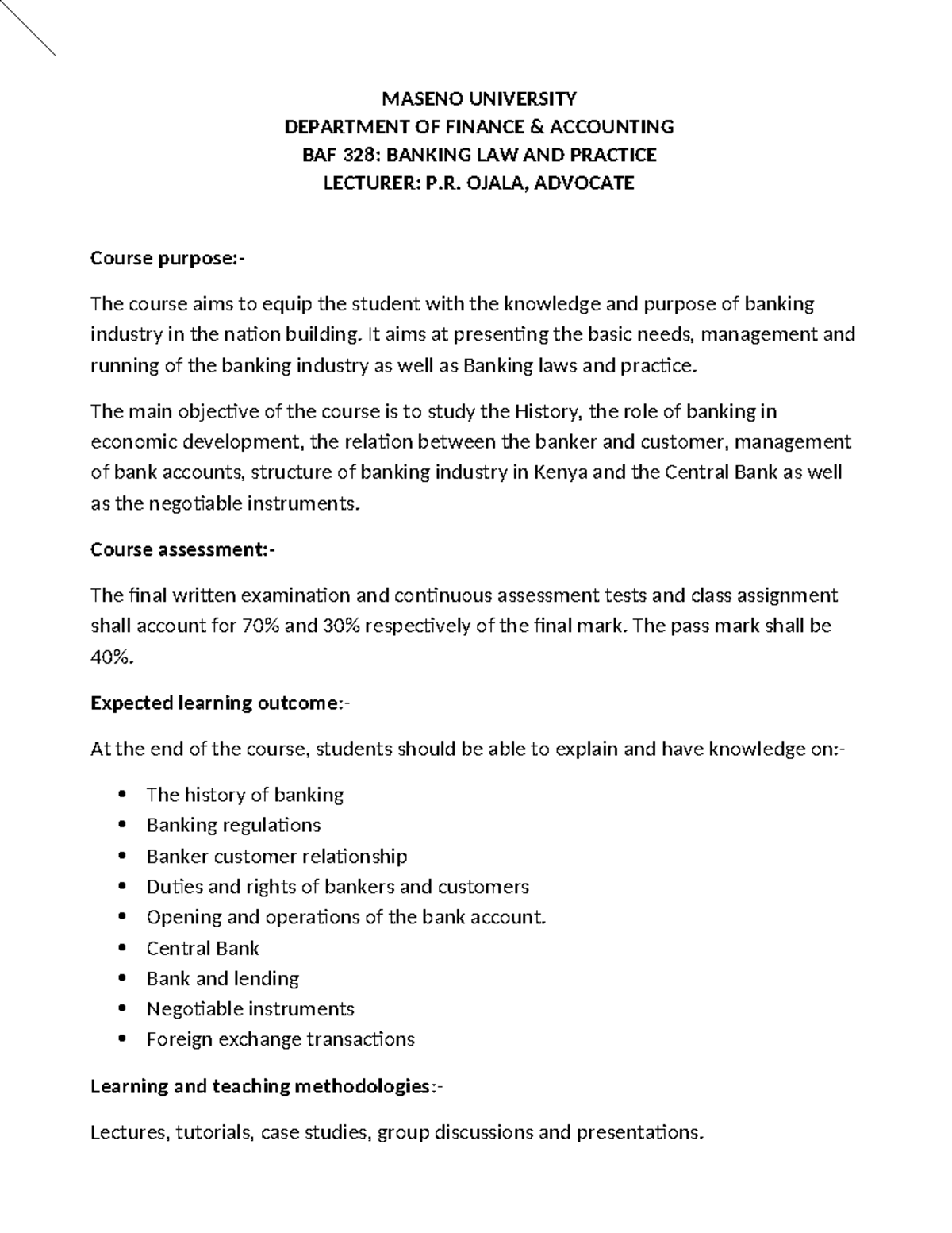Banking Law and Practice Overview - BAF 328 Lecture Notes - Studocu
