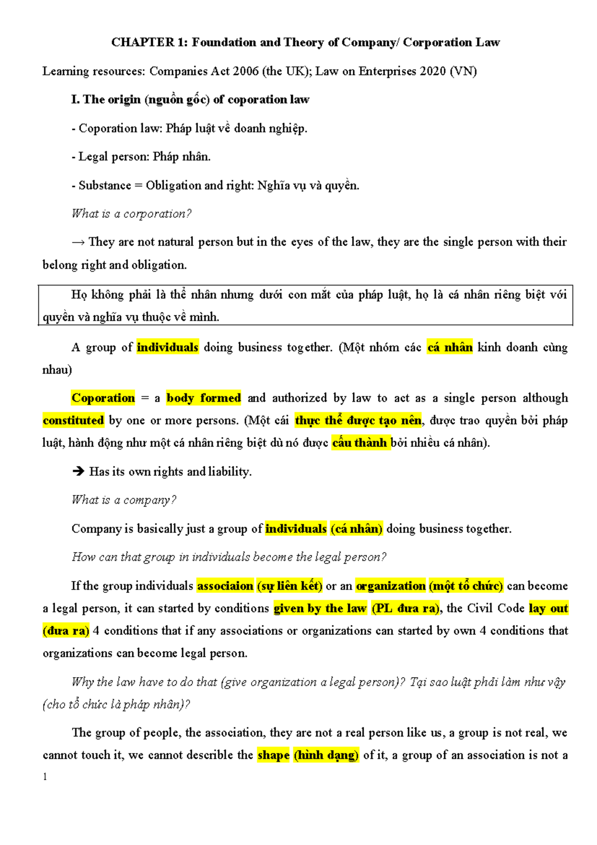 CHAPTER 1: Foundation and Theory of Company Law (12GSAGFF) - Studocu