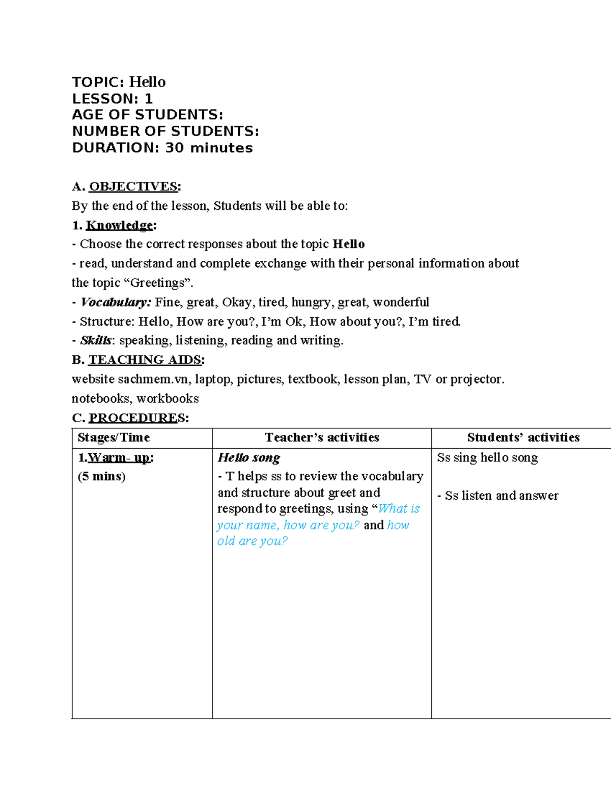 L. PLAN - lesson plan - TOPIC: Hello LESSON: 1 AGE OF STUDENTS: NUMBER ...
