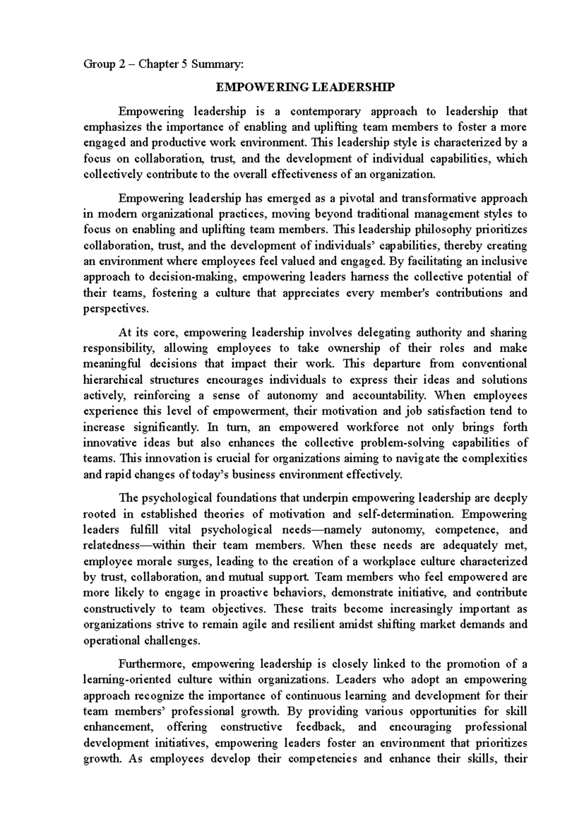 Group 2 - Empowering Leadership: Chapter 5 Summary - Studocu