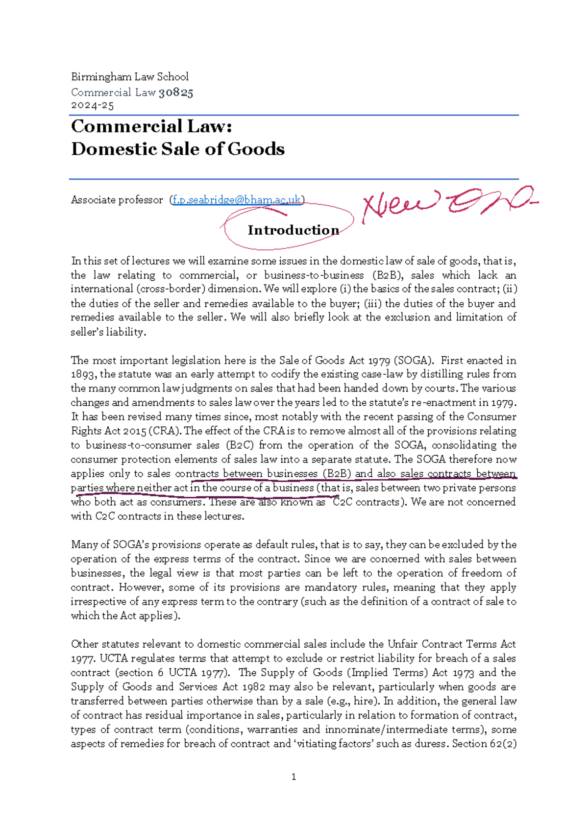 Commercial Law 30825: Domestic Sale of Goods Lecture Notes (2024-25 ...