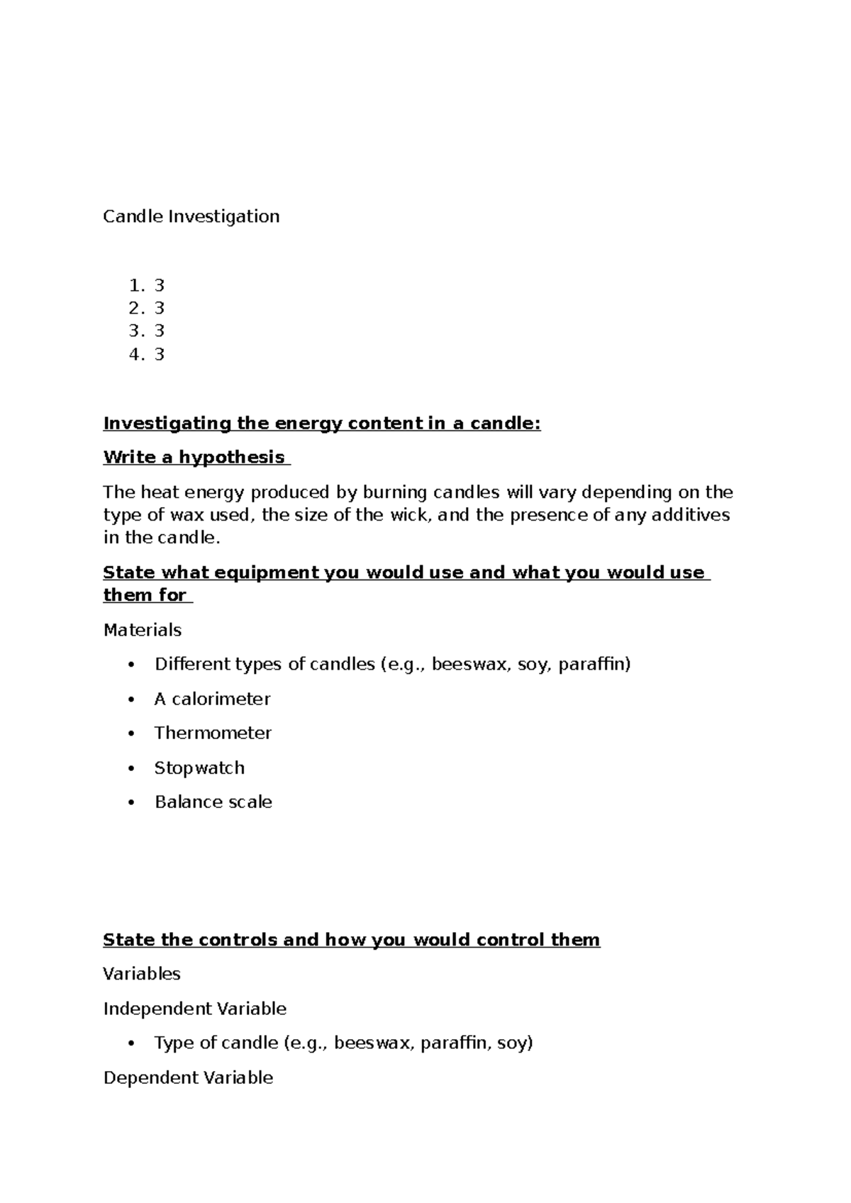 Candle Investigation: Analyzing Energy Content in Applied Science - Studocu
