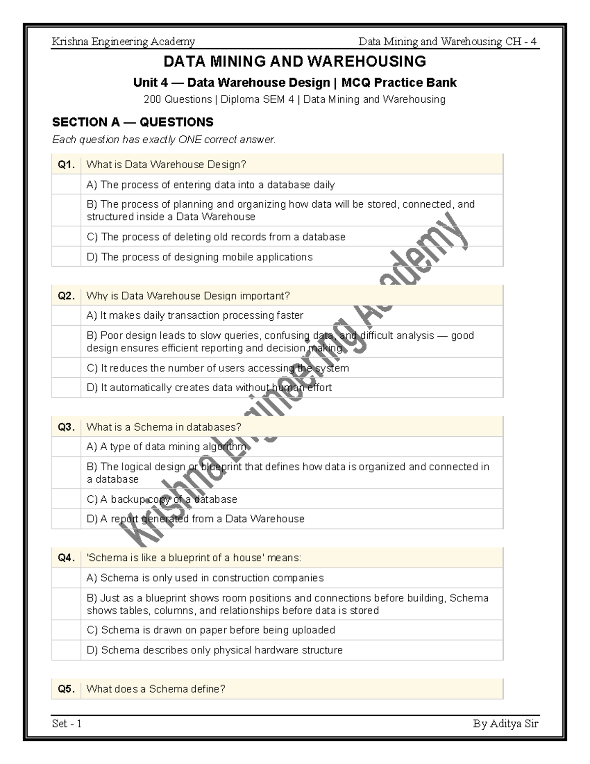 Data Mining and Warehousing CH - 4 MCQ Practice Bank - Studocu