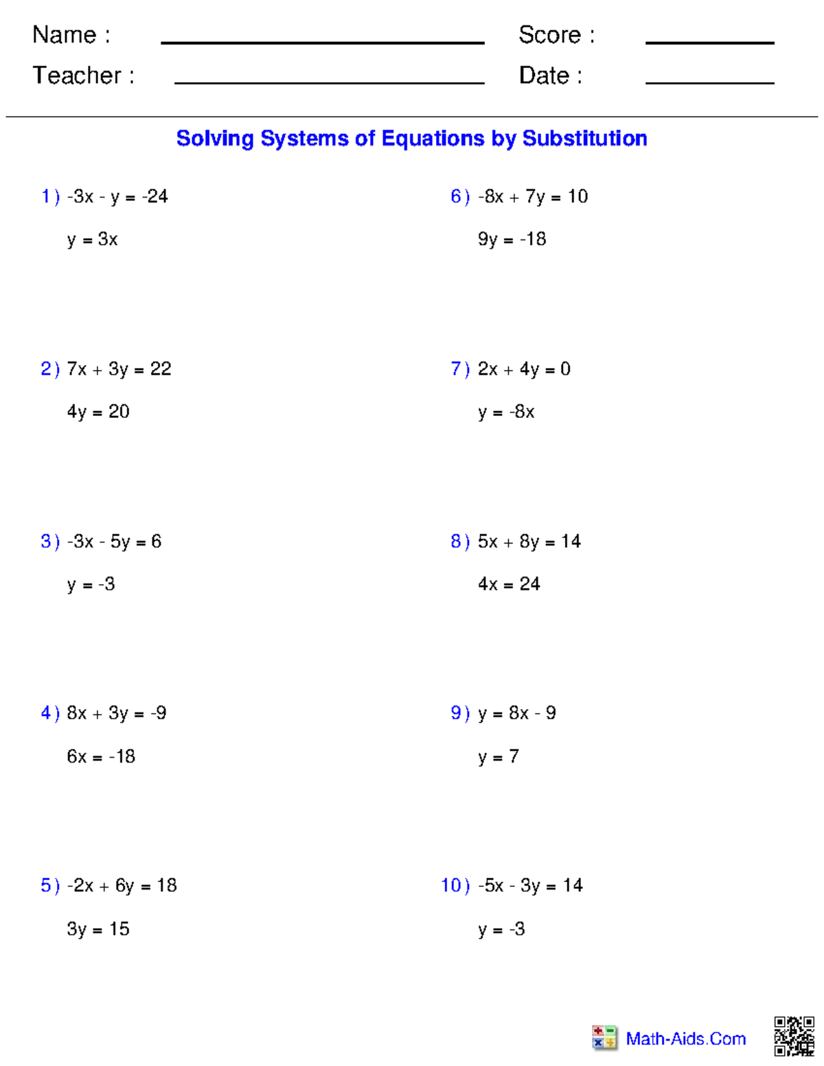 Pre-Algebra: Solving Systems of Equations by Substitution - Studocu