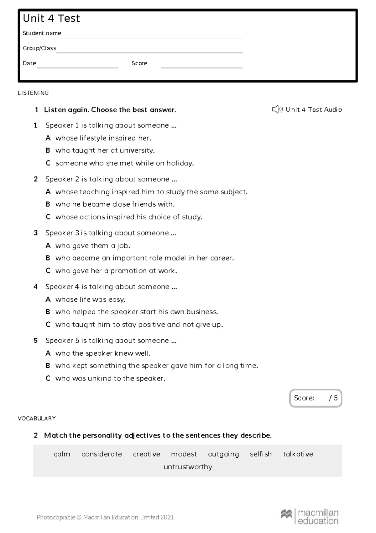 Unit 4 Listening & Vocabulary Test - bjhh - Studocu