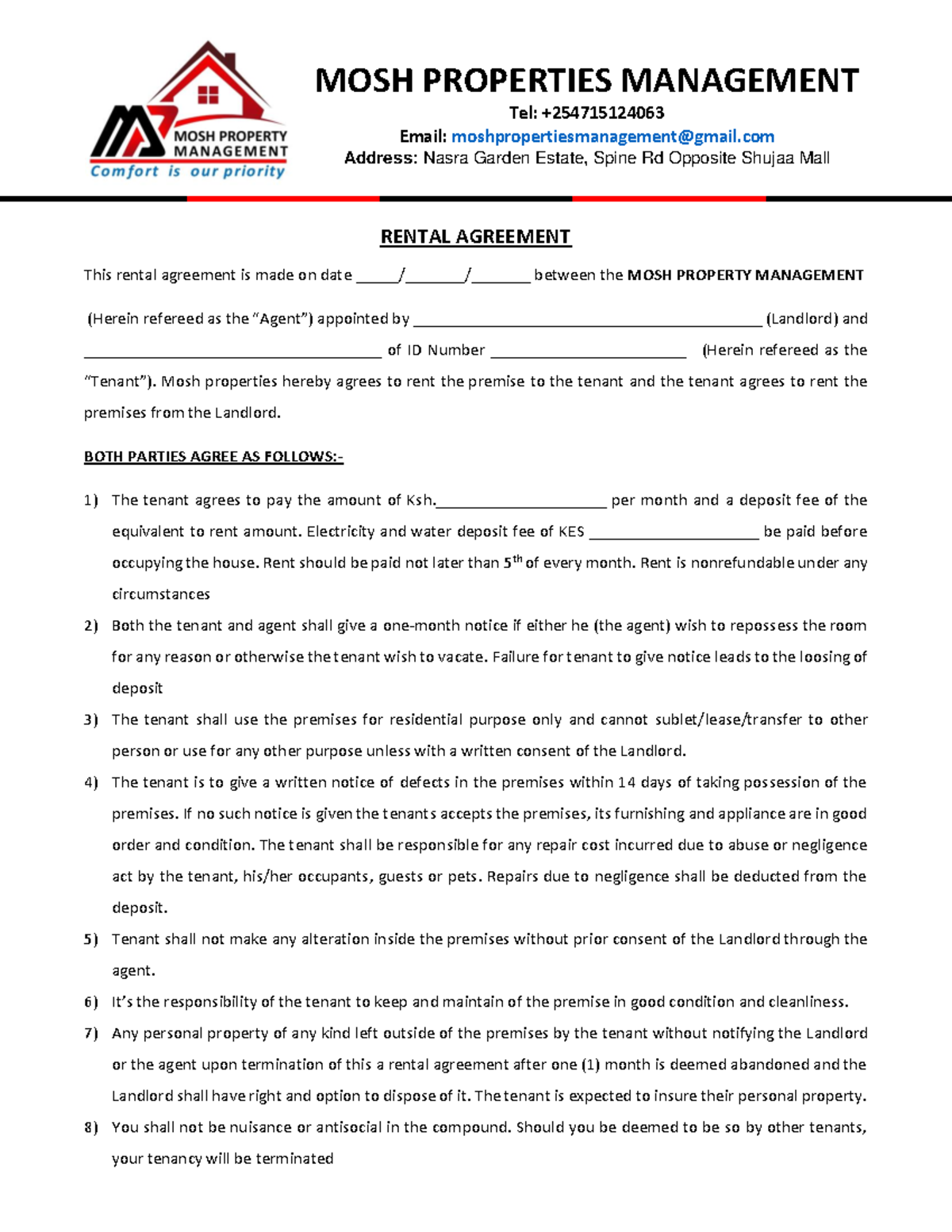 Rental Agreement: Mosh Properties Management for Tenant - Studocu