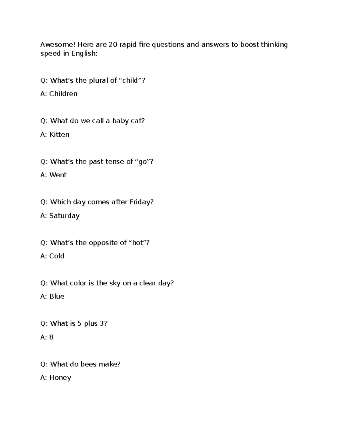 Rapid Fire Question Challenge: Boost Your English Thinking Speed - Studocu