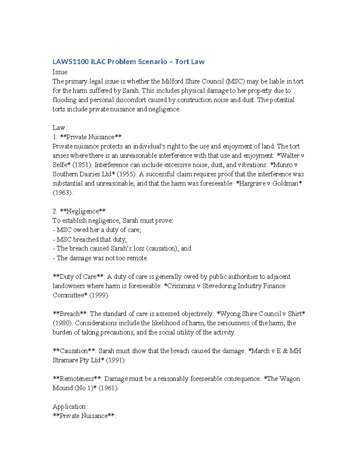 LAWS1100 ILAC Analysis: Tort Law Liability of Milford Shire Council ...