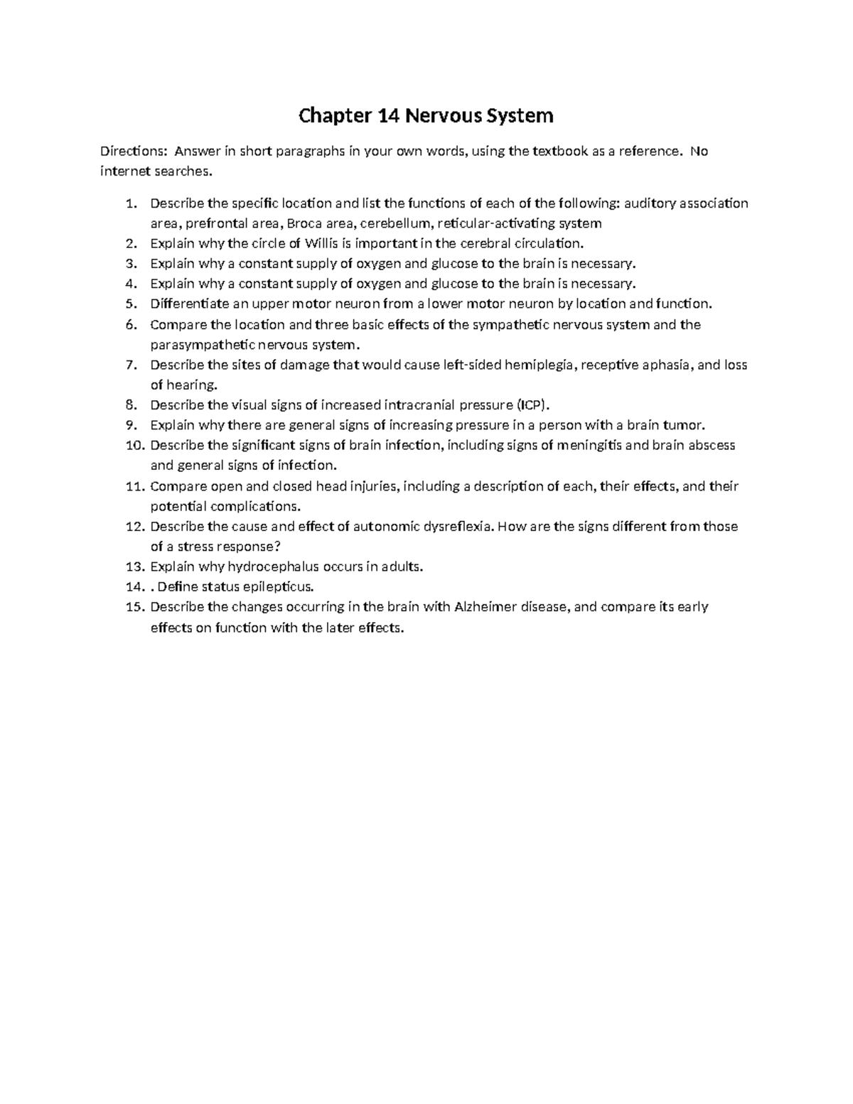 Chapter 014 Study Questions - Chapter 14 Nervous System Directions ...
