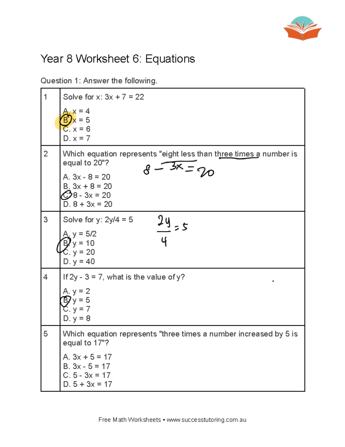 Year 8 Math Worksheet 6: Equations Practice and Solutions - Studocu