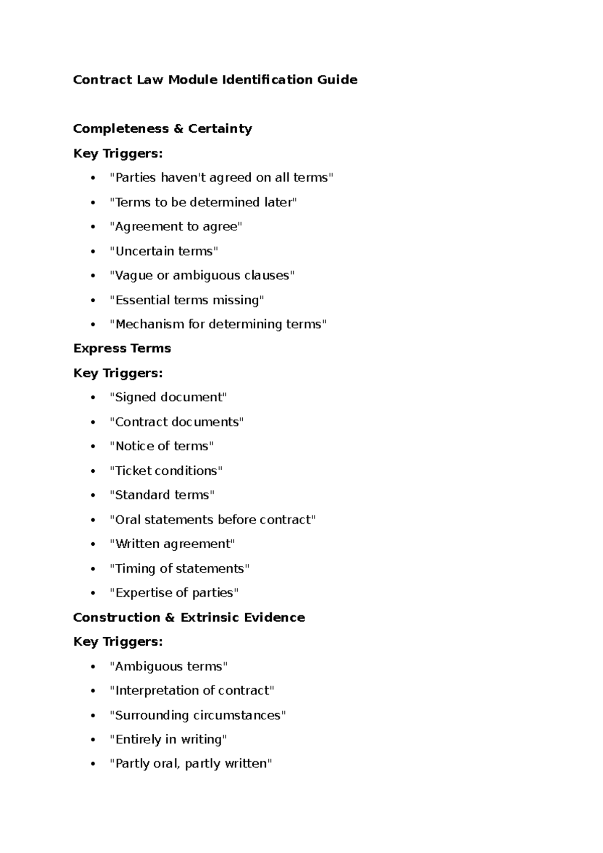 Contract Law Module: Key Triggers and Terms Guide - Studocu