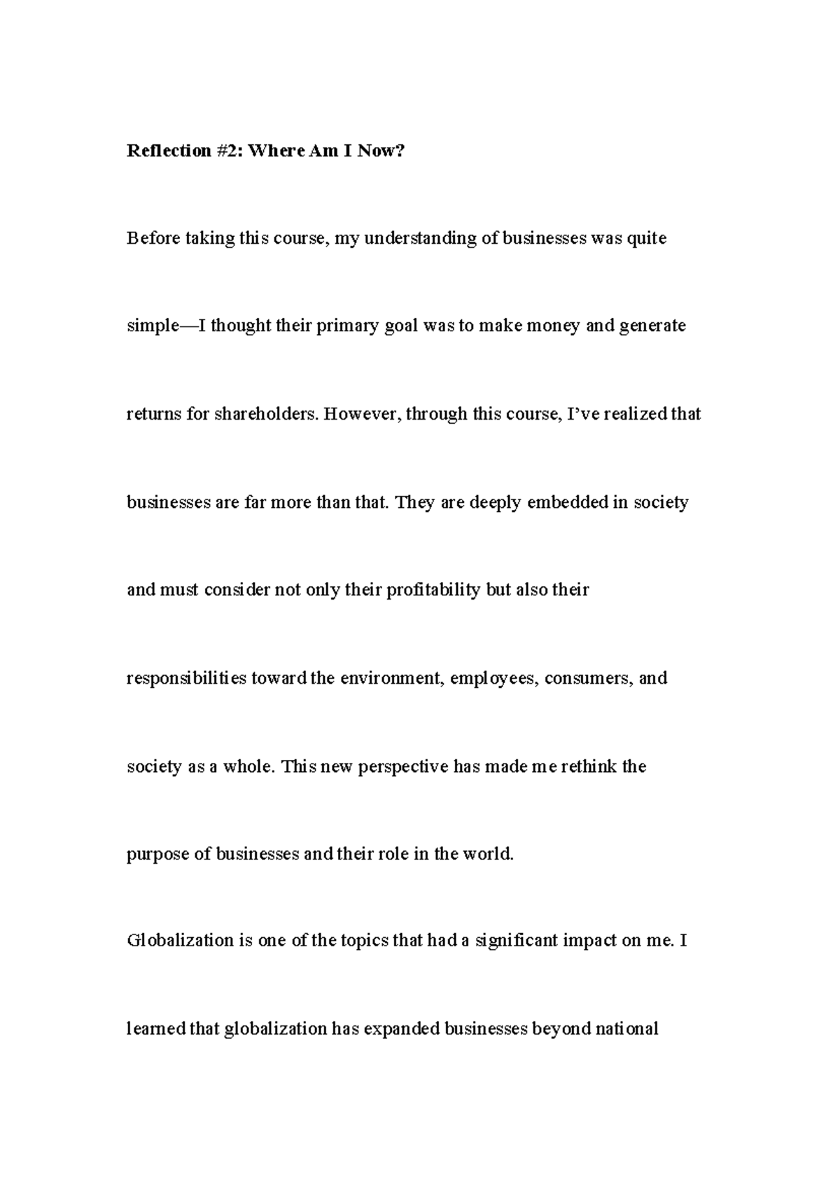 Reflection on Business Perspectives and Globalization - ADM1301 - Studocu