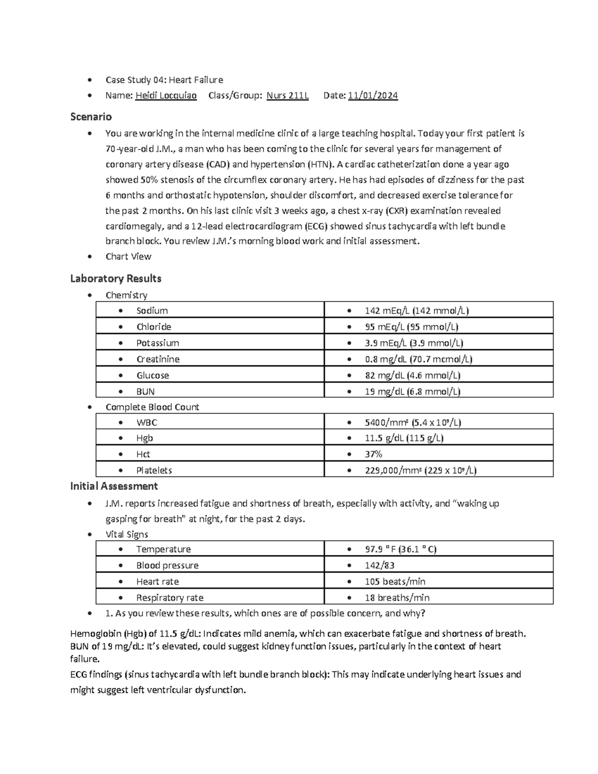 Case Study CHF WCU: Heart Failure Management and Nursing Assessment ...