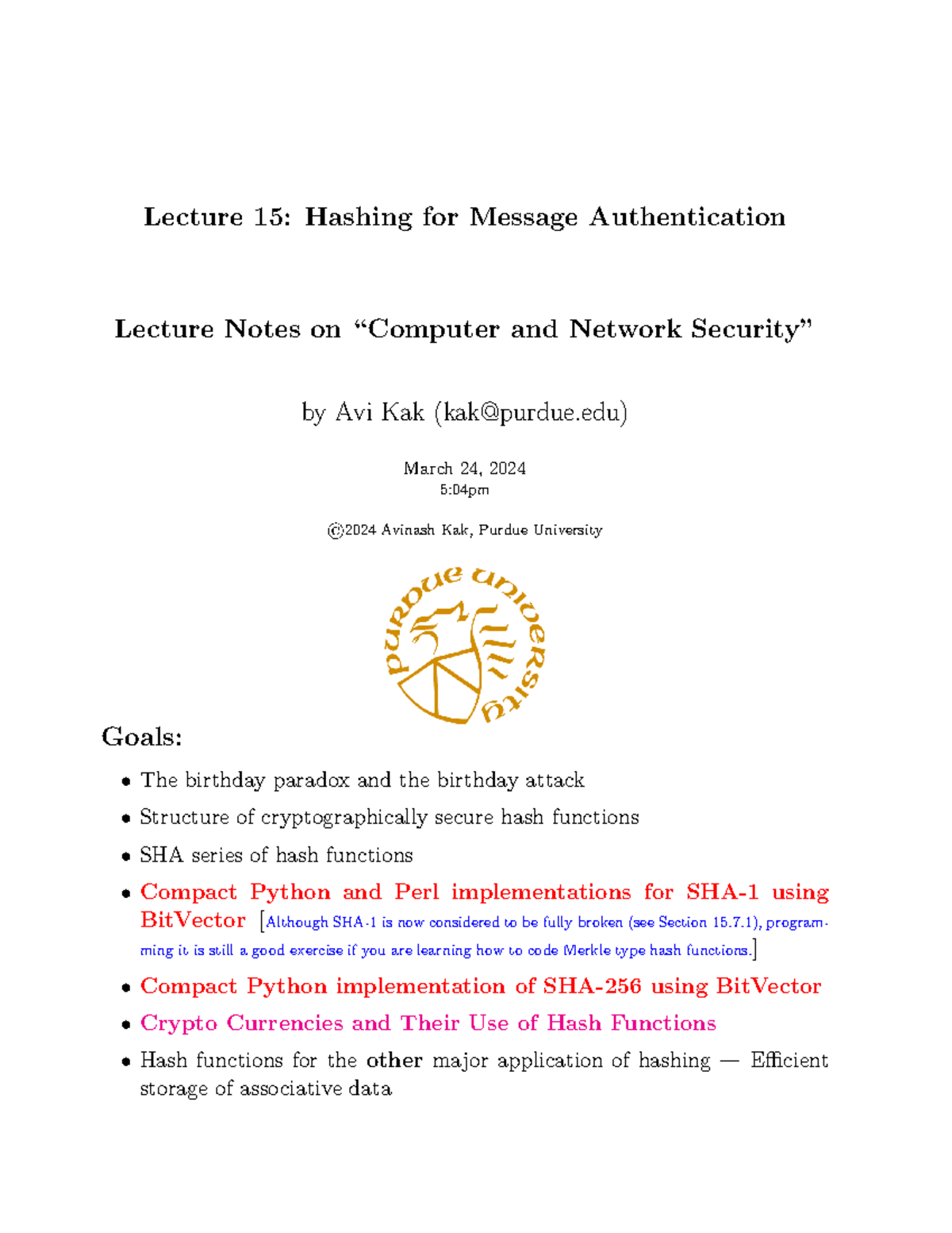 Lecture 15 - lý thuyet - Lecture 15: Hashing for Message Authentication ...