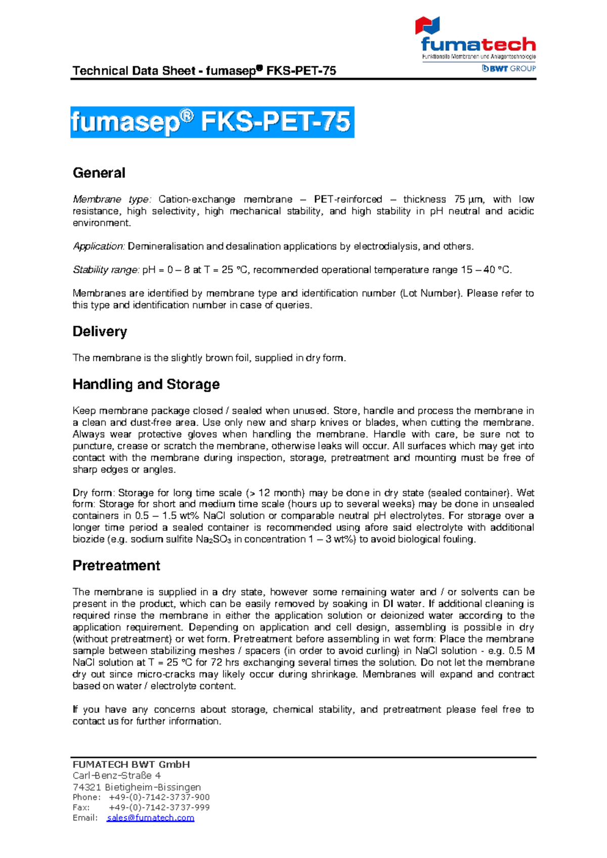 FUMATECH BWT GmbH Technical Data Sheet: Fumasep FKS-PET-75 Membrane ...