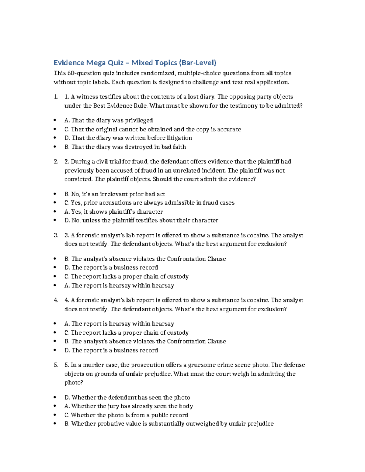 Evidence Mega Quiz (Mixed Topics) - Challenging MCQs for Mastery - Studocu