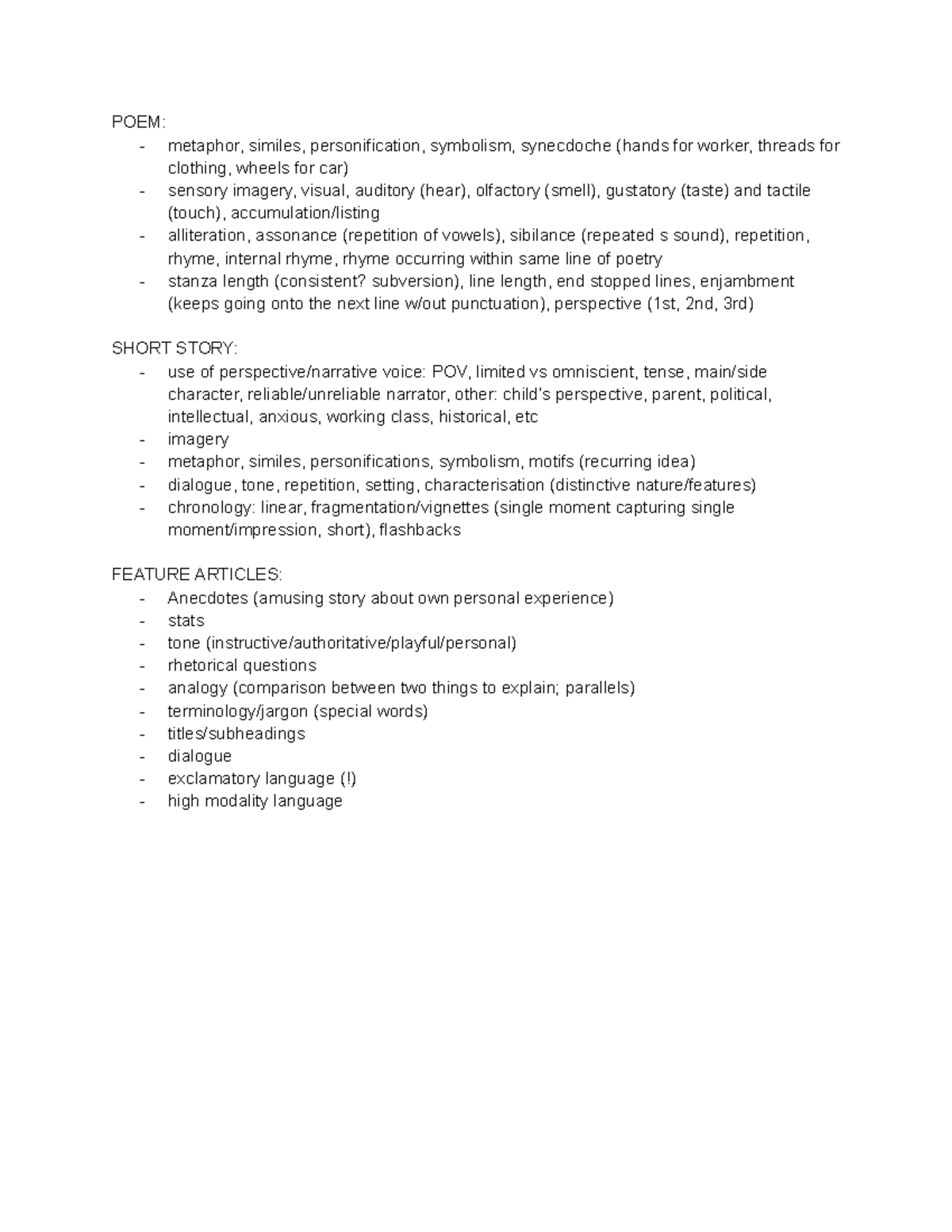 POEM & SHORT STORY Techniques for English HSC Exam - Studocu