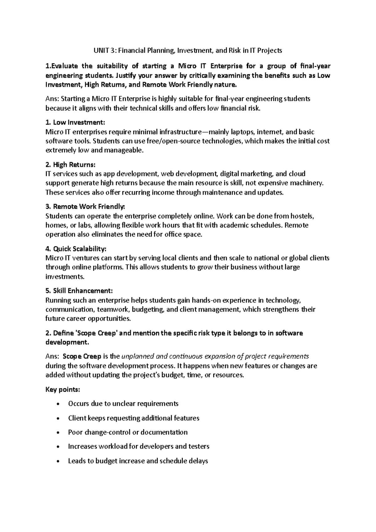 UNIT 3 EEM Notes: Financial Planning, Risks, and IT Project Management ...