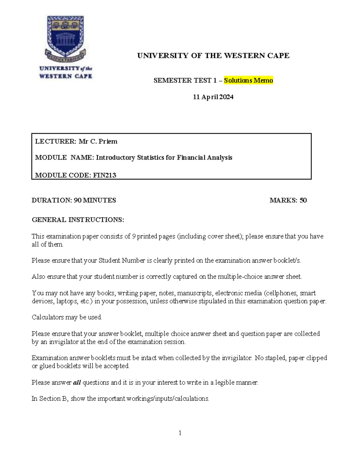 FIN213 - Solutions Memo for Semester Test 1 - April 11, 2024 - Studocu